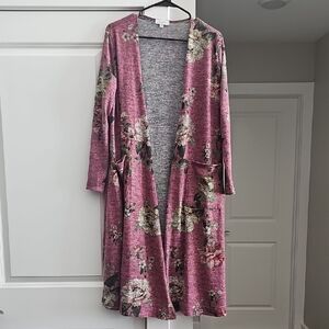 LuLaRoe Sarah Heathered Purple Cardigan With Floral Design.